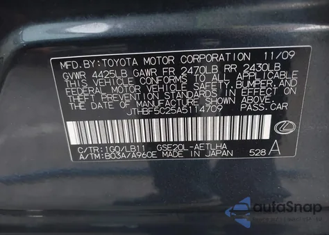 2010 Lexus Is 250 from USA, damaged, VIN JTHBF5C25A5114709